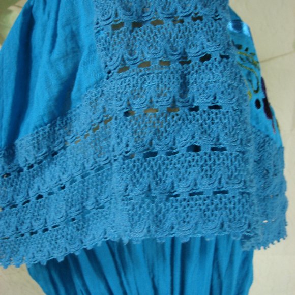 Bright Turquoise Aqua  Mexican Floral Embroidered Dress Off Shoulder Summer - Picture 6 of 12